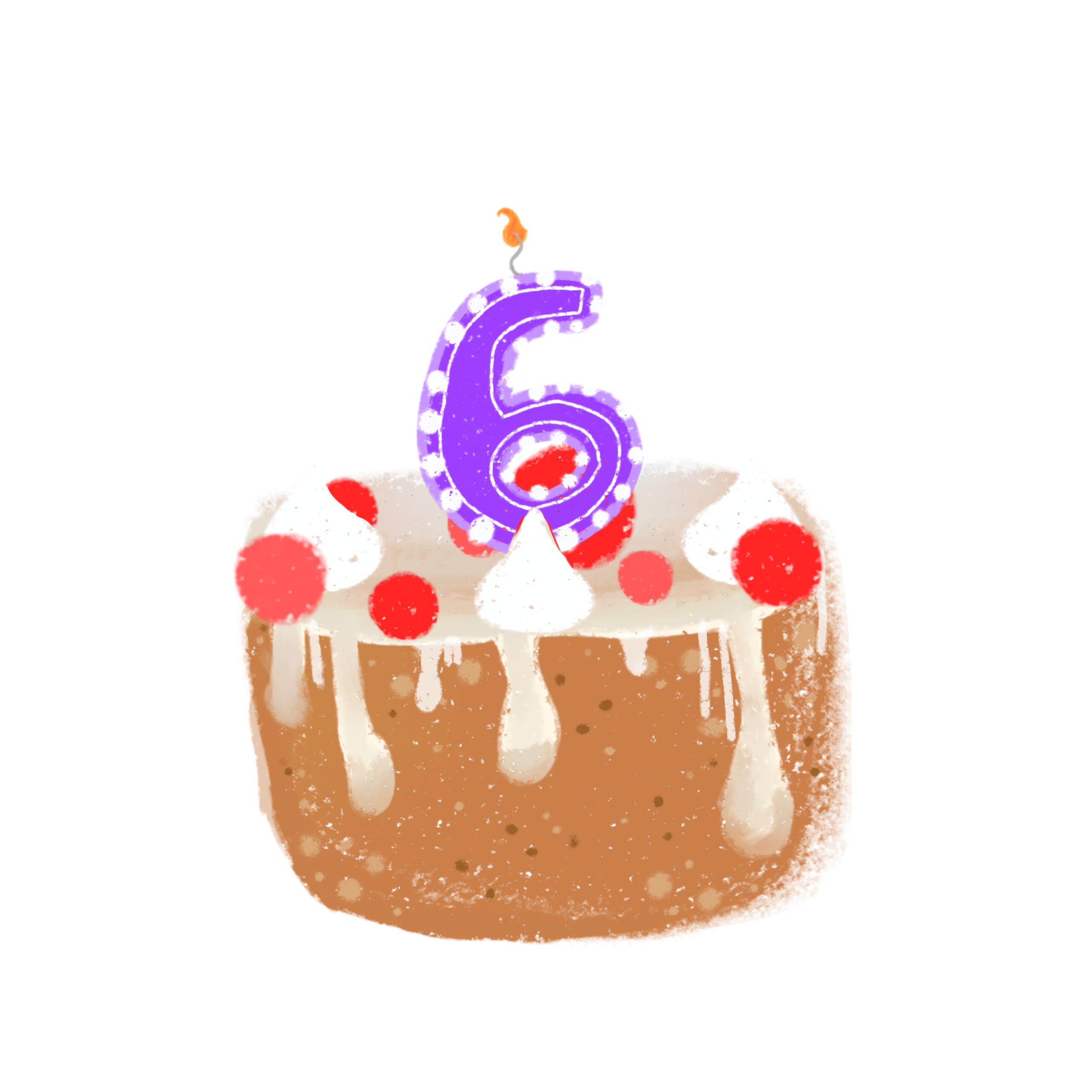 A drawn cake, inspired by Minecraft, is depicted. It has a brown base, topped with white frosting that drips down the sides. Scattered across the frosting are red cherries and small white swirls. A purple number '6' candle is placed on top of the cake. 